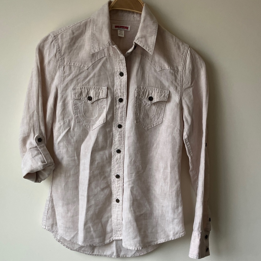 True Religion Cream Linen Button-Up Preppy Western Shirt L/S Women’s XS NWOT